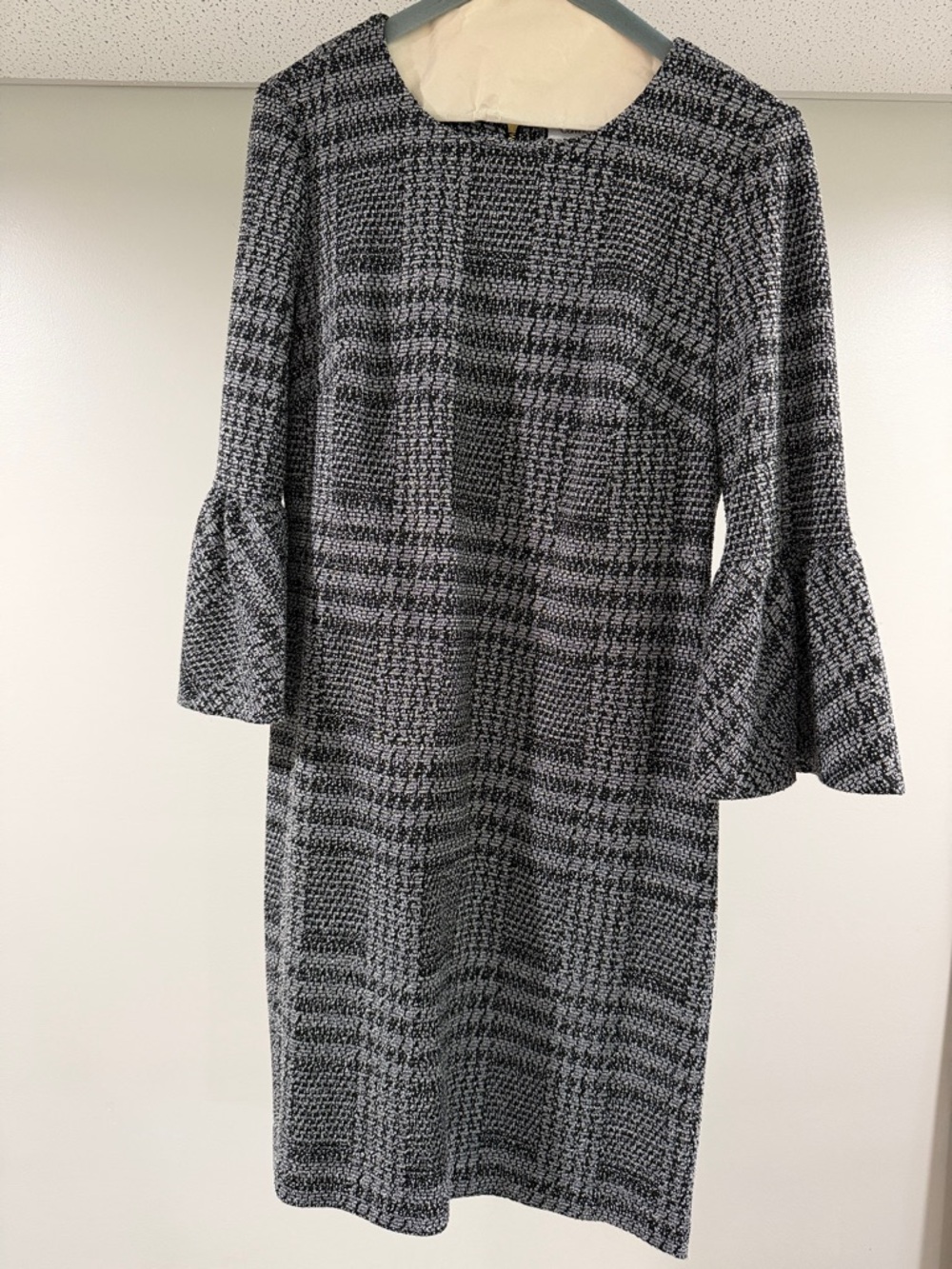 Calvin Klein Black and Gray Plaid Bell-Sleeve Midi Dress
